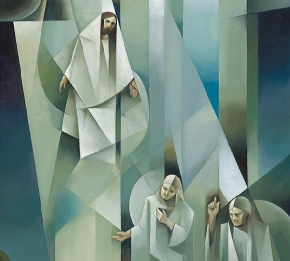 A cubist-style painting depicting the Ascension of Jesus, rendered in geometric, angular planes of white, teal, grey, and blue.